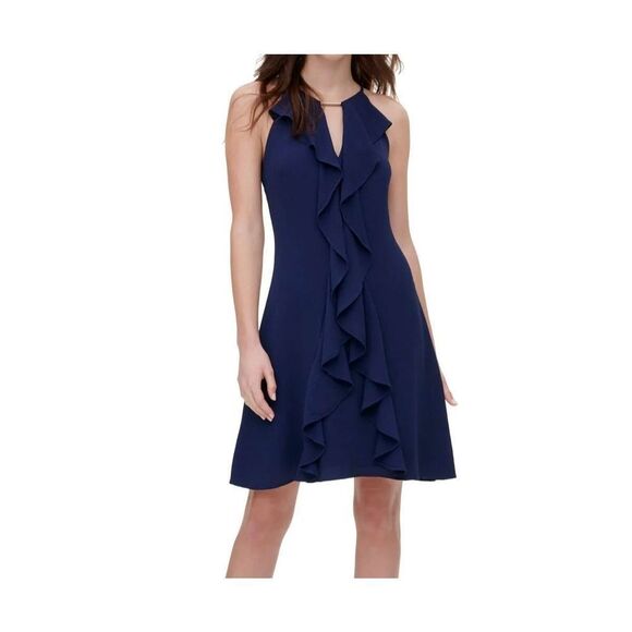 Kensie KDNP0992 Women's Sz 12 Navy Halter-Neck Ruffle Dress $108 - Picture 11 of 11
